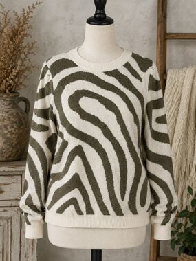 Olive & Cream Zebra-Pattern Crewneck Sweater